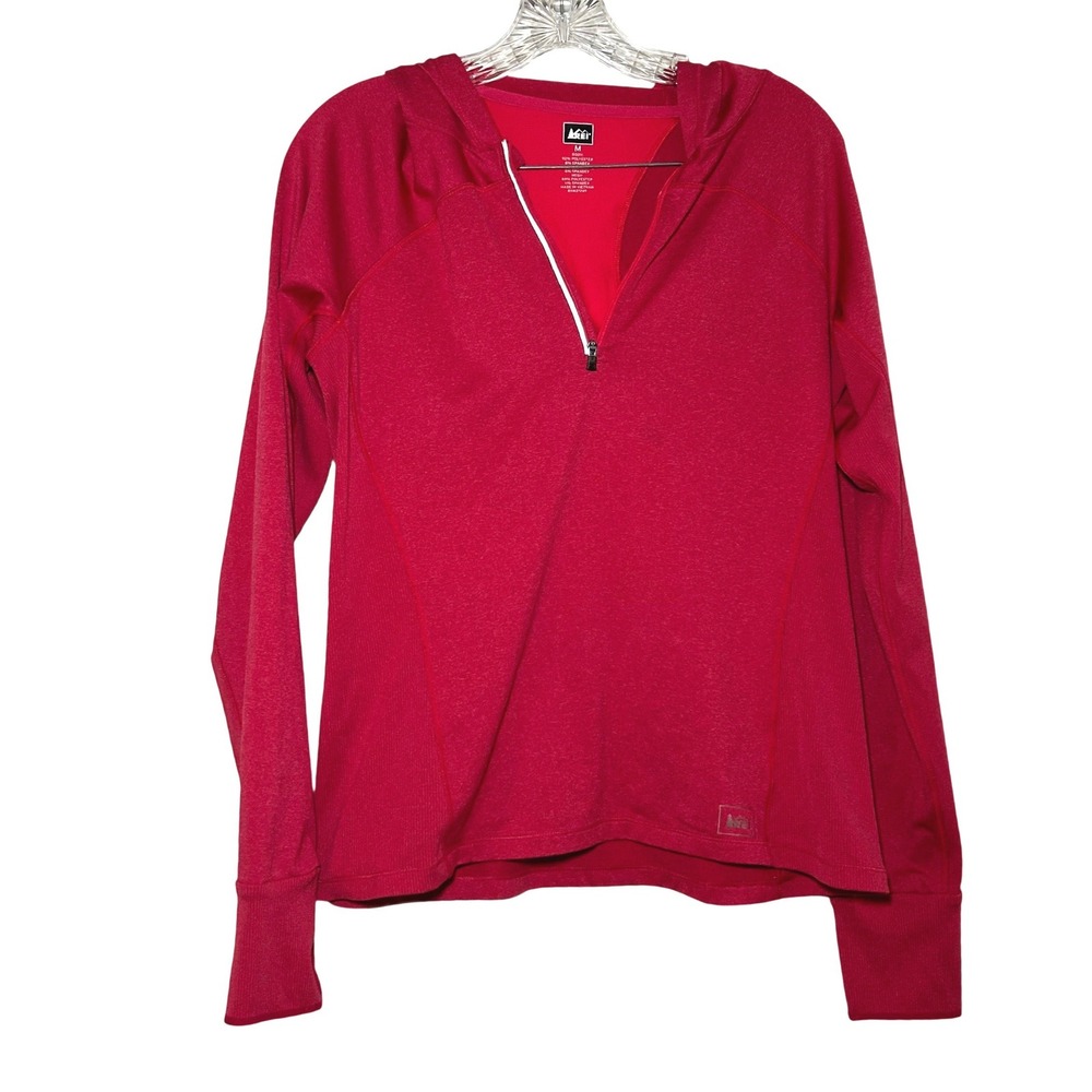 REI Co-op Womens Quarter Zip Hooded Pullover red Pink Heather Mesh Back M 853876